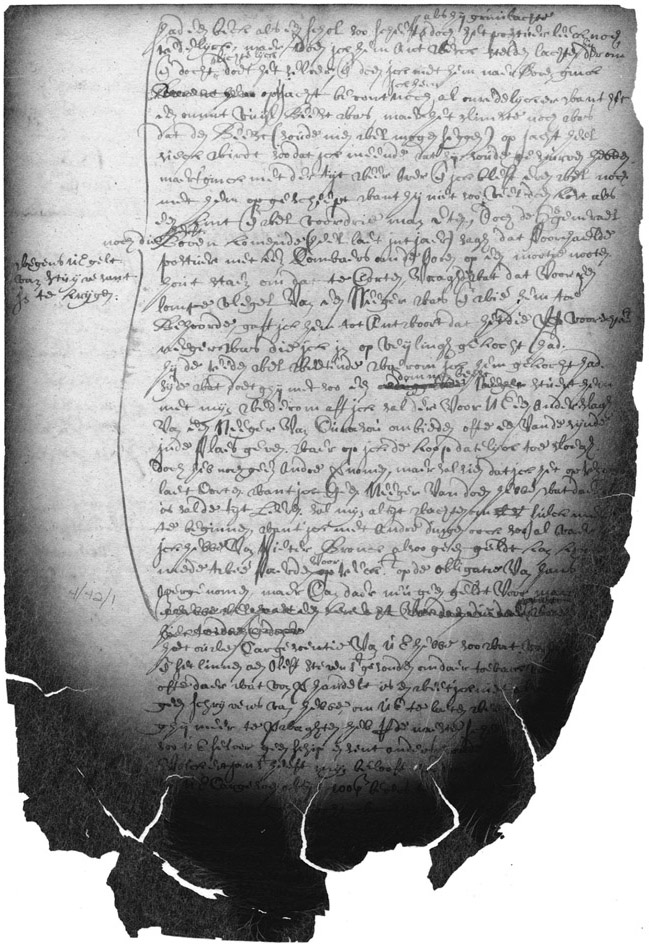 Figure 3. This is a manuscript page, written in Dutch, in which Jeremias refers to an unnamed enslaved man with a variety of derogatory terms, mentioned at the beginning of this chapter. It has charring on the right side and at the bottom of the page from a fire in the New York State Archives that happened in 1911, but the text is still legible.