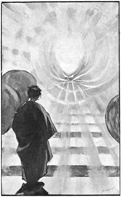 A drawing of a man wearing a long robe standing before a bright light.