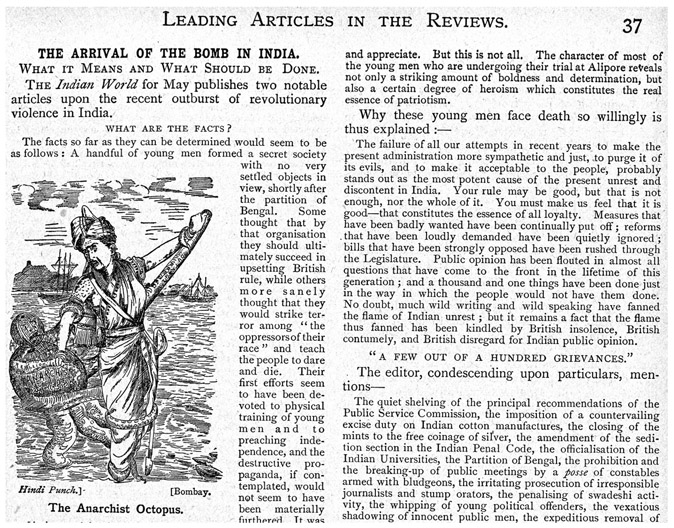FIGURE 3.7 / “The Arrival of the Bomb in India” from Hindi Punch, reprinted in the Review of Reviews, vol. 38, July 1908, 37. General Reference Collection, British Library. Shelfmark P.P.5939.ca., © British Library Board.