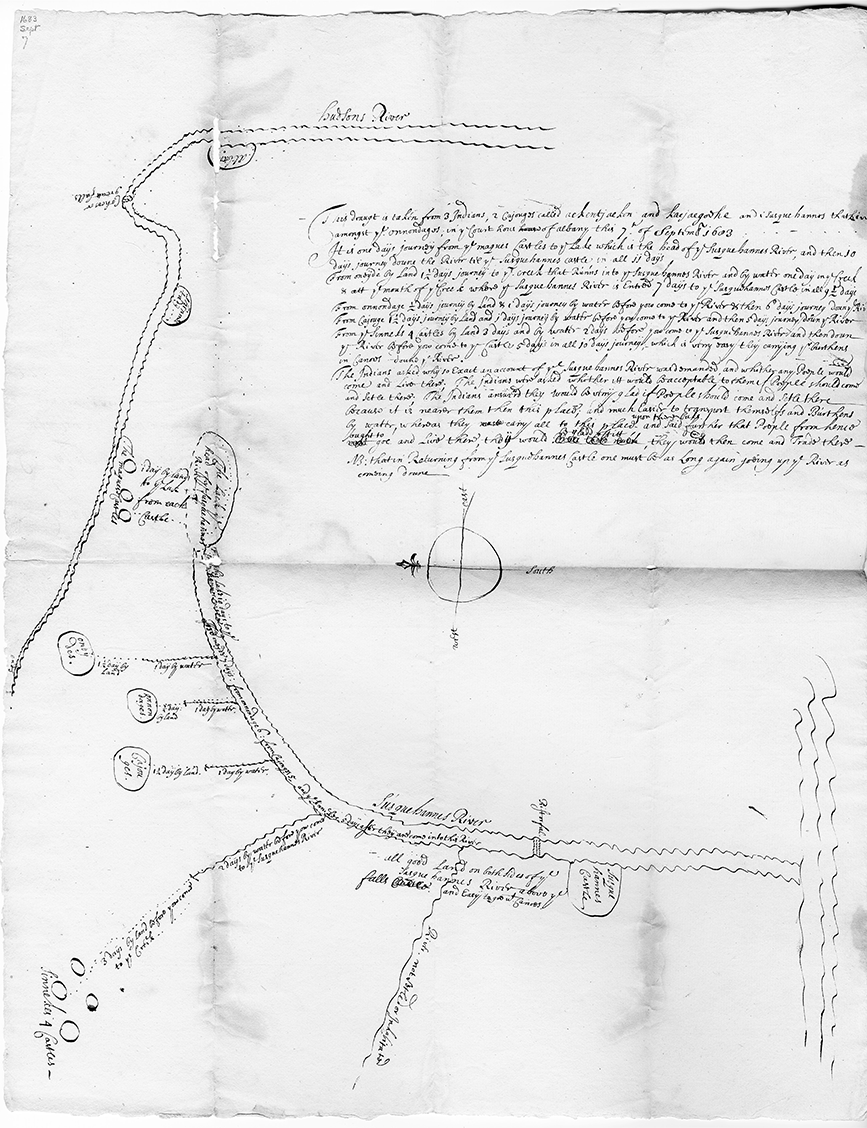 The map locates the main Seneca, Onondaga, and Cayuga villages south of the Seneca River corridor. It shows the proximity of these villages to other Indigenous communities along the Seneca River. The text outlines the distance in days by foot and water to reach Susquehanna communities to the south.
