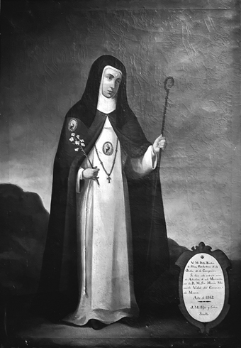 A nun in a white habit with a blue cape holds a book in her left hand and a branch in her right against a background of mountains and a dark sky, with a written inscription beneath.
