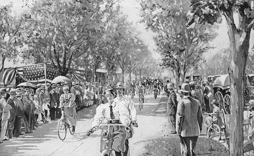 Figure 4.8. Bicyclists are depicted on a side path of Ocean Parkway in an 1896 magazine illustration. A lady bicyclist leads the pack past spectators on either side. Carriages are visible on the main road.