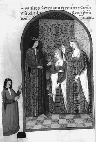 Illuminated manuscript page shows a young girl in royal attire with a diadem, flanked by a king and queen in sumptuous robes within a palace; a small figure in common clothing is posed to the left of the scene.