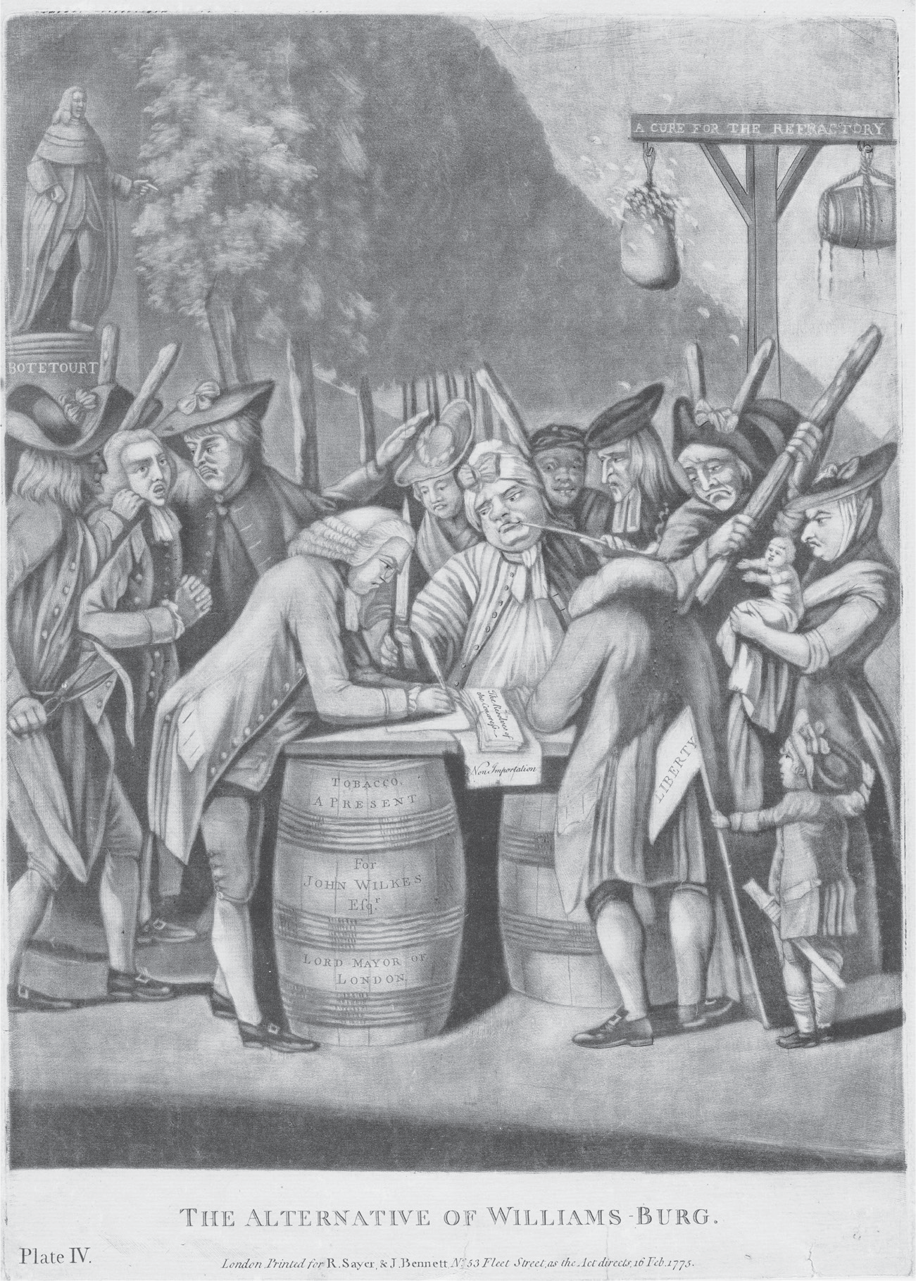 A cartoon showing merchants forces to sign the Continental Association.