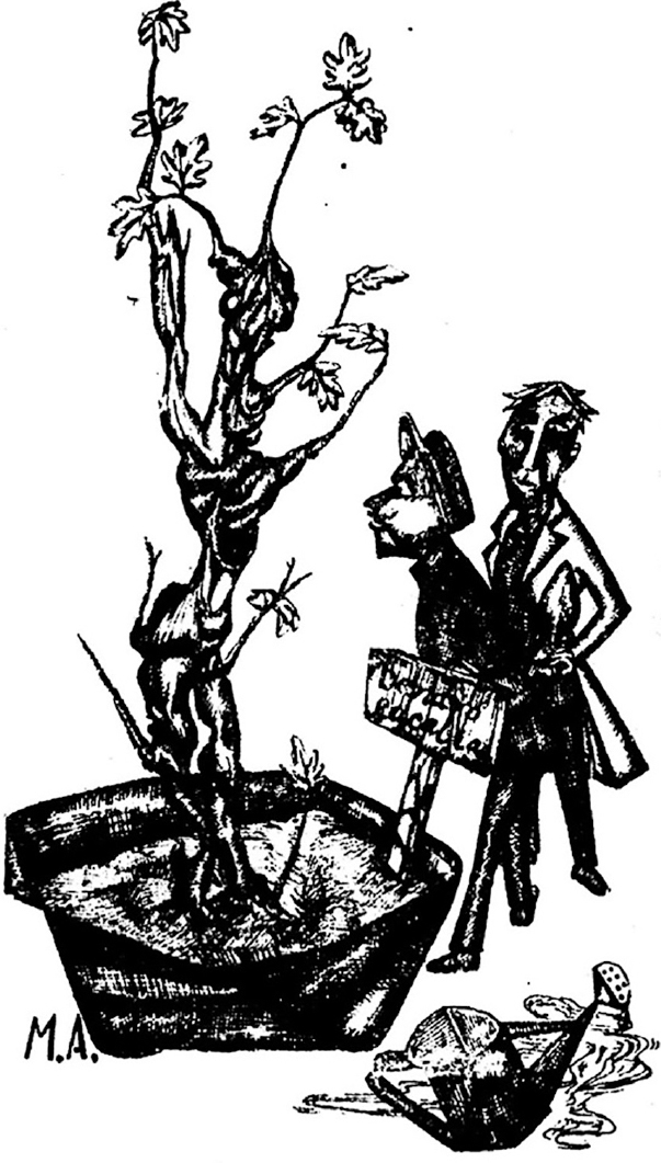 Two men, one in a scientific lab coat and the other in schoolboy clothes, stand looking at a man who has been transformed into a tree and is now in a large pot with a nameplate. A watering can sits in front of the pot. The artist’s initials, M.A., are located in the bottom left of the image.