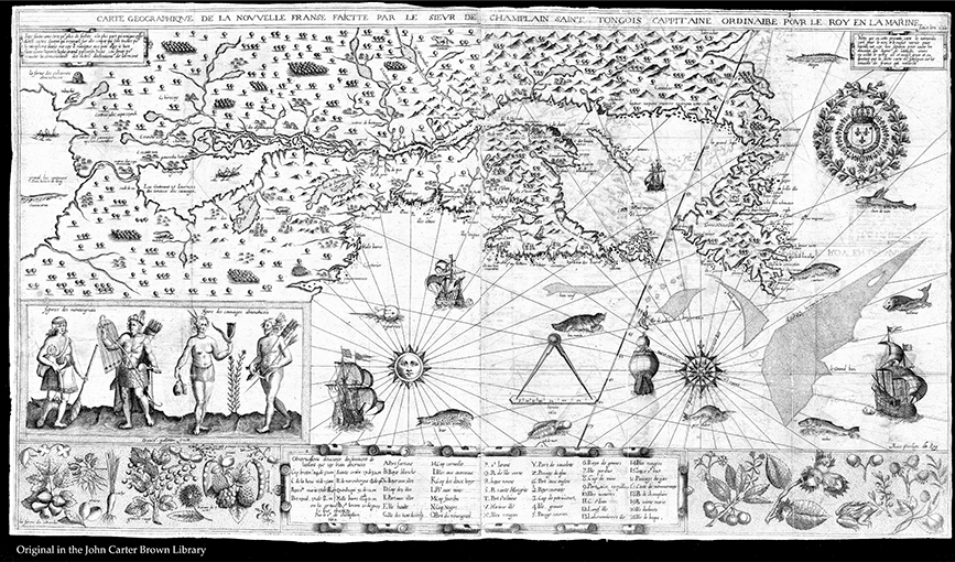 One of the earliest maps of the northeast that details the mouth of the Saint Lawrence River and into the Great Lakes and includes the placement of numerous Indigenous villages. Also illustrates the dress, weaponry, and agriculture of Indigenous men and women.