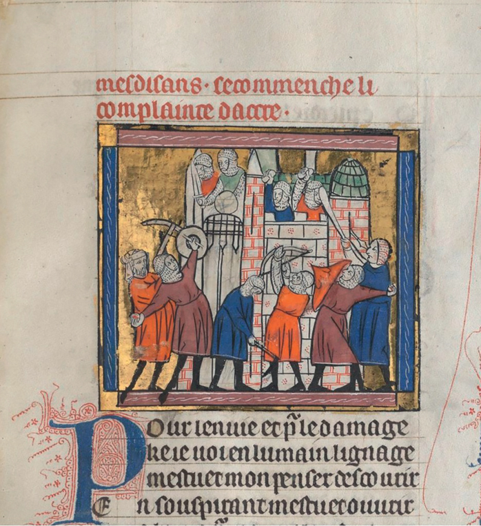 Figure 32. An illuminated manuscript page with a group of armed knights attacking a walled city with crossbows and other weapons; armed knights inside the city walls are defending the advances with swords and shields.