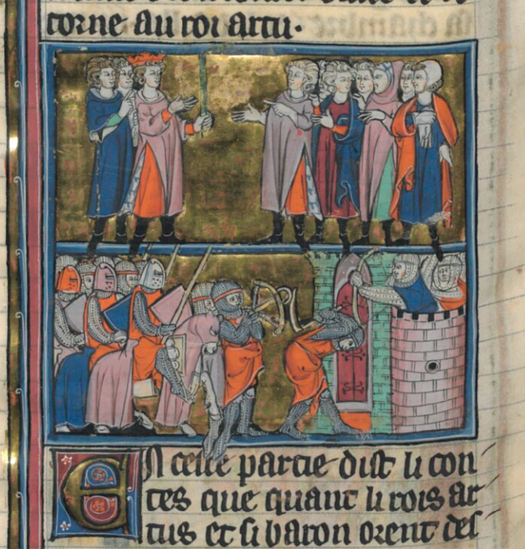 Figure 15. An illuminated manuscript page with three horizontal sections; the first with two groups of men meeting at the center, the second with a company of knights armed with swords and crossbows besieging a tower, and the third with a decorated capital letter E followed by three lines of text.