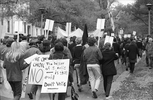 Figure 20. Another long line of election day protestors seen from the back. Two signs face toward the camera. One reads “The only Choice is NO.” The other says “The lesser of 3 evils is still evil. Don’t Vote.”