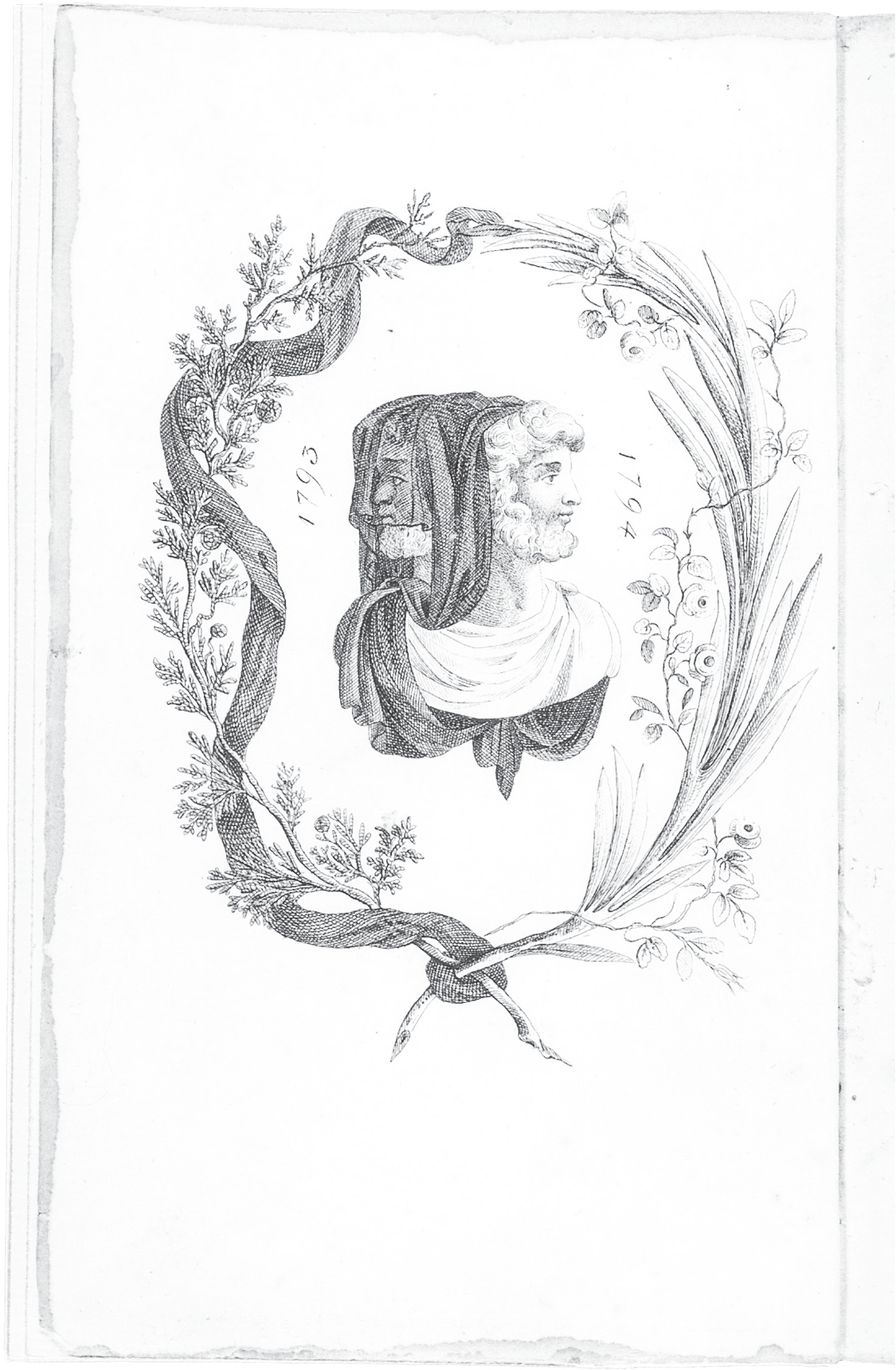 Figure 1.5. A journal page depicting the Roman god Janus as a two-headed bust looking back at the old year (1793) and forward to the new year (1794), surrounded by an ornamental wreath.