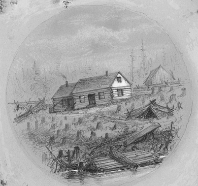 A two-room farmhouse with a rail fence behind it and a span of chopped-down stumps in front shows what it takes to build a farm.