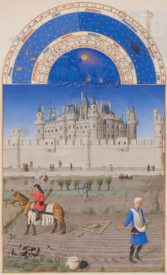 Figure 7. In the foreground, a peasant on foot scatters grain; another rides a horse pulling a plow. In the middle ground, a high crenelated wall and large, square castle with crenelations, towers, windows, a blue roof, and gilded spires. Above, a figure drives a horse-drawn coach; the zodiac signs for Libra and Scorpio among stars.