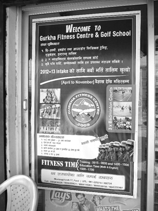Figure 3.1. An advertisement for the Gurkha Centre and Golf School on an outside door, describing information on hours, training, and facilities.