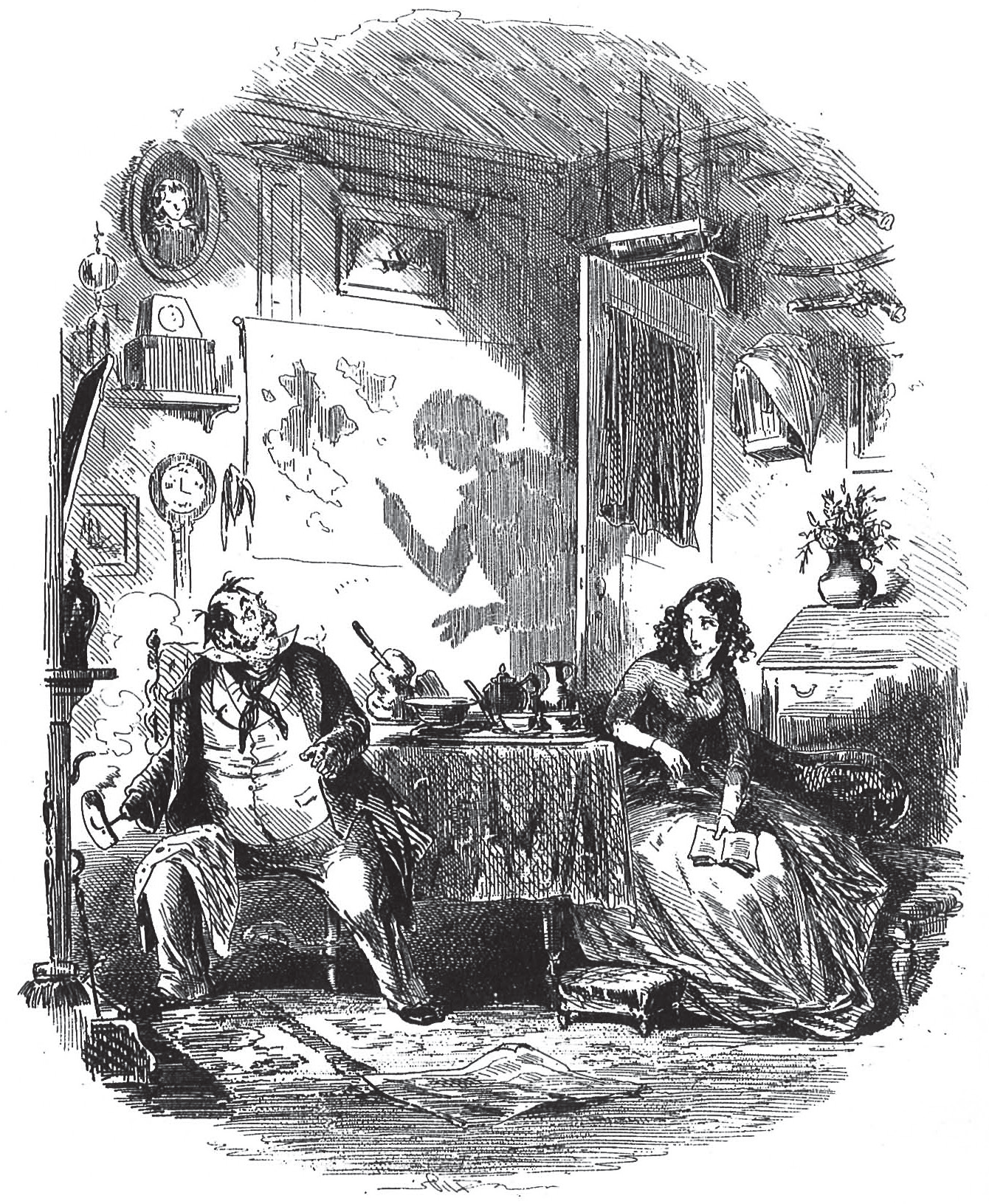 Figure 6: Captain Cuttle sits by a fireplace where he extends his right-hand hook into the fire to warm a slice of bread for Florence, who looks on.