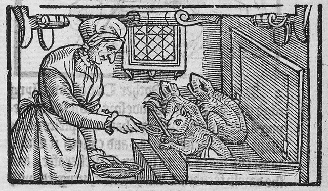 Figure 4.1. A woodcut of an elderly woman with three small animals in front of her shows her feeding them with a wooden spoon.