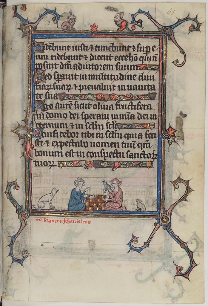 Figure 30. An illuminated manuscript page with a frame around the text, fantastic creatures at the top margin above the frame, and a man and woman playing chess on the bottom edge of the frame.