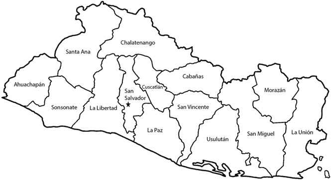Figure 2.2 is a line-drawn map of El Salvador, separated into fourteen departments.