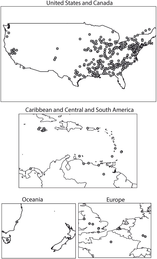 Figure 10.1: Map featuring parts of North America, Central America, South America, the Caribbean, Europe, and Oceania, with black dots representing subscribers to The Occident.