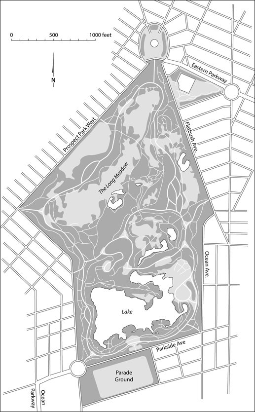 Figure 4.6. The 1871 plan for Prospect Park is part of a larger map that shows Eastern and Ocean parkways emanating from the park. The Lake, the Long Meadow, the Parade Ground, and numerous pathways are featured within the park plan.