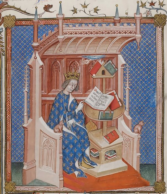 Figure 6. A king sits on a carved throne decorated with Gothic architectural detail; a sounding board is overhead. The king wears a gold crown and blue mantle covered with gold fleurs-de-lys. He points at a book wheel on which a book is open to the text “Beatus vir qui in sapientia morabitur, et qui in justitia etc.” (Ecclesiasticus 14:22).
