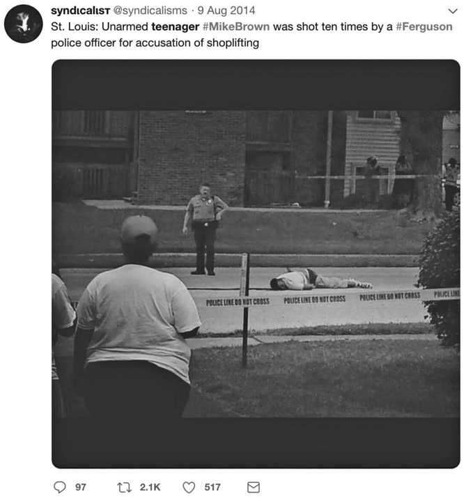 FIGURE A.1 An image of Michael Brown’s body on Canfield Drive taken by a bystander on August 9, 2014 and posted on Twitter the same day. The photo was downloaded and tweeted multiple times and retweeted thousands of times in the twenty-four hours following Brown’s death.Photographer and origin of the first tweet unknown.