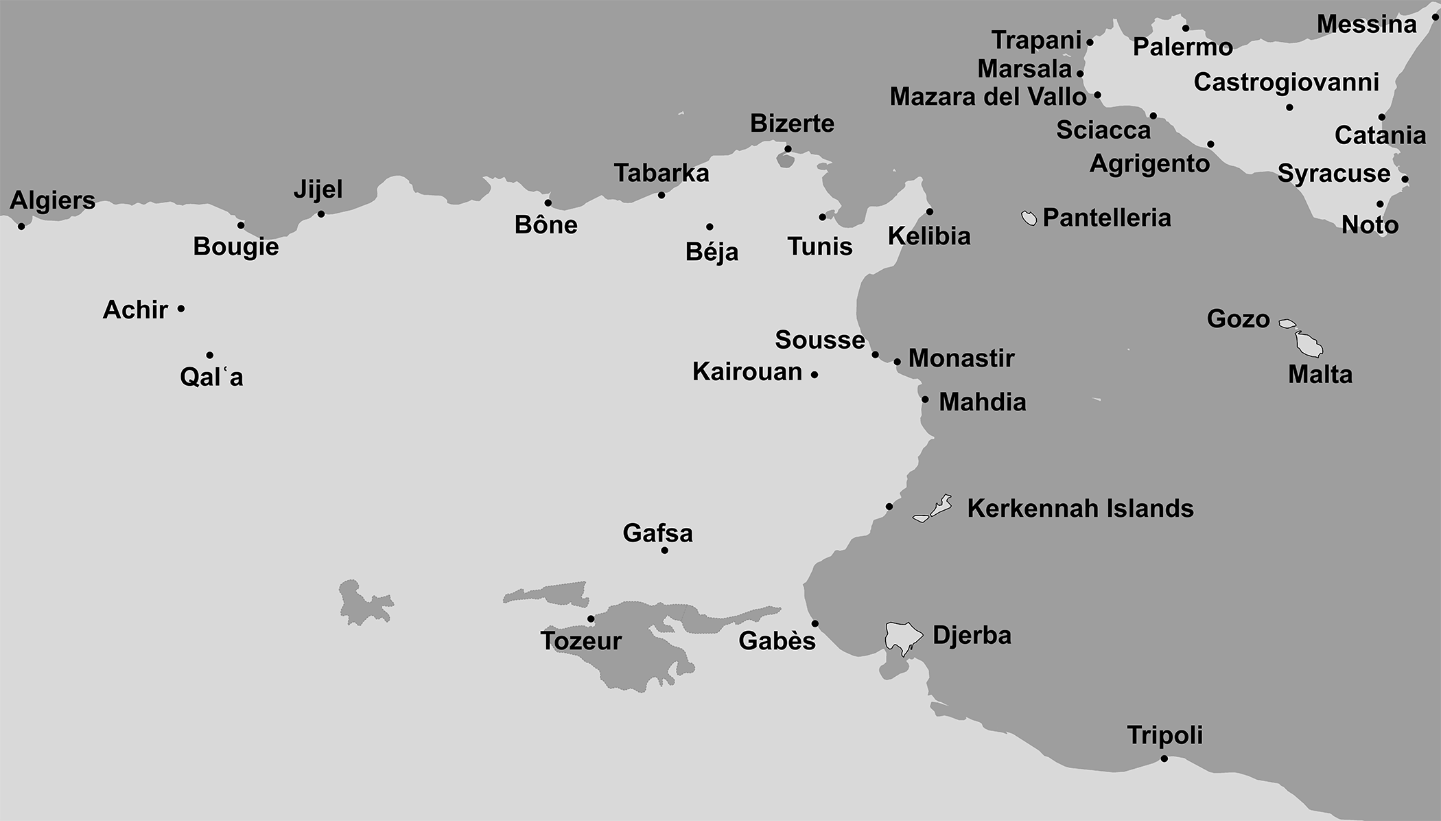 Figure 1: A map shows major urban centers in medieval Ifriqiya and Sicily.