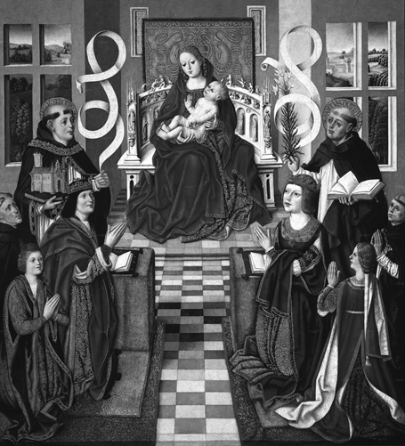 The Virgin Mary dressed in red robes with her head uncovered, holds a naked baby Jesus on a royal throne in a royal audience hall, flanked by kneeling figures, including a queen and king and two children dressed in royal attire, together with saints and clerics.
