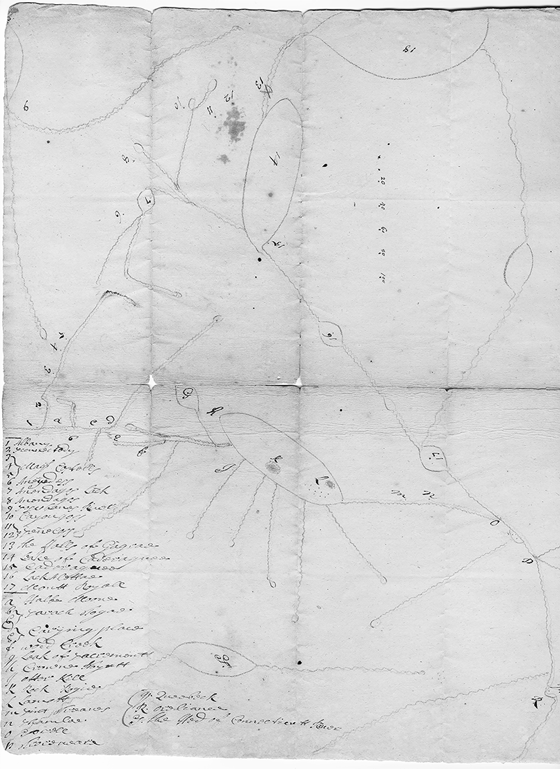 Hand-drawn map with legend that illustrates vast scope of Indigenous geographic knowledge. The map centers Haudenosaunee villages within the landscape of their homelands and hunting territories and underscores spatial relations with Indigenous and European neighbors.