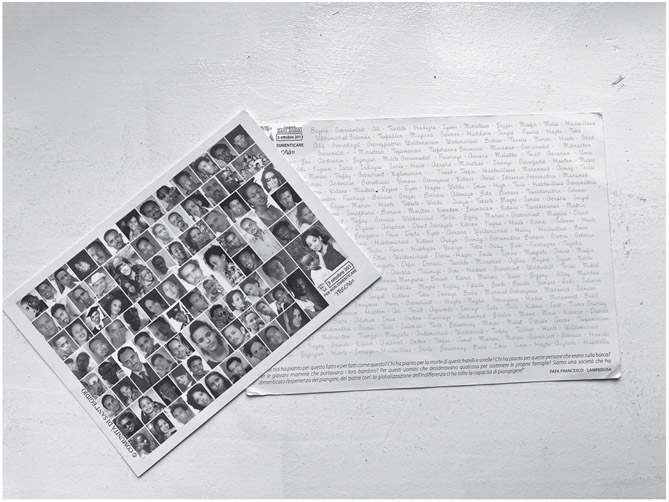 Figure 6. Two postcards: one depicts a grid of more than eighty faces and the other one is filled with Eritrean names printed on it.