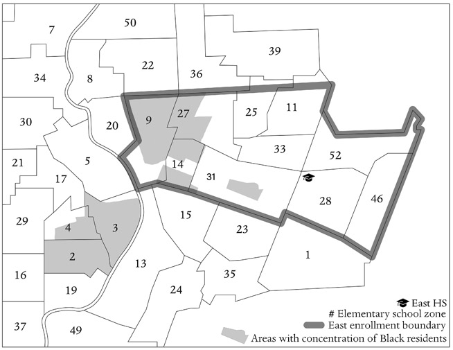 A map showing elementary and secondary school enrollment boundaries in northeast Rochester as well as concentration of Black residents before 1959.