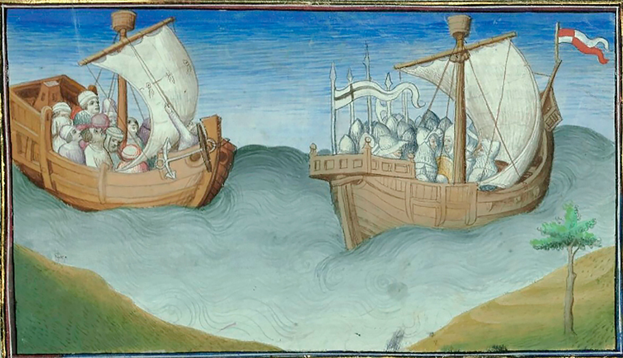 Figure 20. Two cogs (wooden sailing ships with a single mast and square sail). The cog on the left contains laypeople; that on the right has armored soldiers with spears, and two banners fly from it.