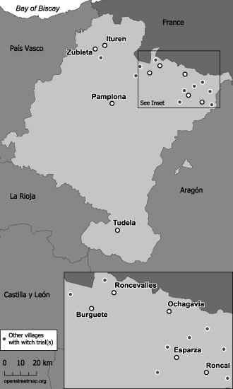 Map 2. This map identifies villages in which witch trials occurred concentrated in the north of Navarra, in the villages of Burguete, Esparza, Ochagavía, Roncal, and Roncevalles, as well as Ituren and Zubieta.