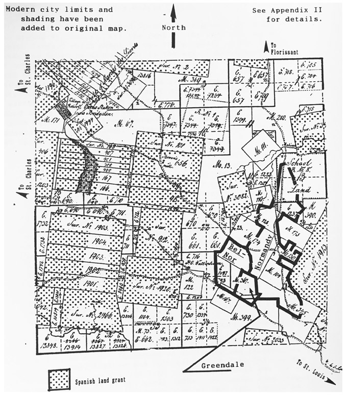 FIGURE 2.1 Land claims circa 1850 in an area of N. St. Louis County. The boundaries of Bel-Nor, Normandy, and Greendale are marked. Parcels marked with “Sur” (shaded area) are original Spanish land grants. Parcels marked with “M” were taken in exchange for property damaged in the New Madrid earthquake. Harker August, Greendale: History and Historical Atlas (Greendale, MO: City of Greendale, 1996). Missouri Historical Society Library. Reproduced by permission from Alice August.