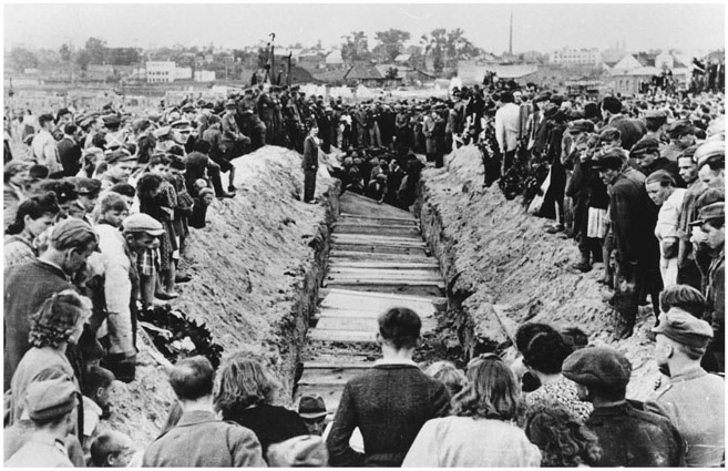 Figure 35. A large crowd of mourners and residents gather around a mass grave in a Jewish cemetery.