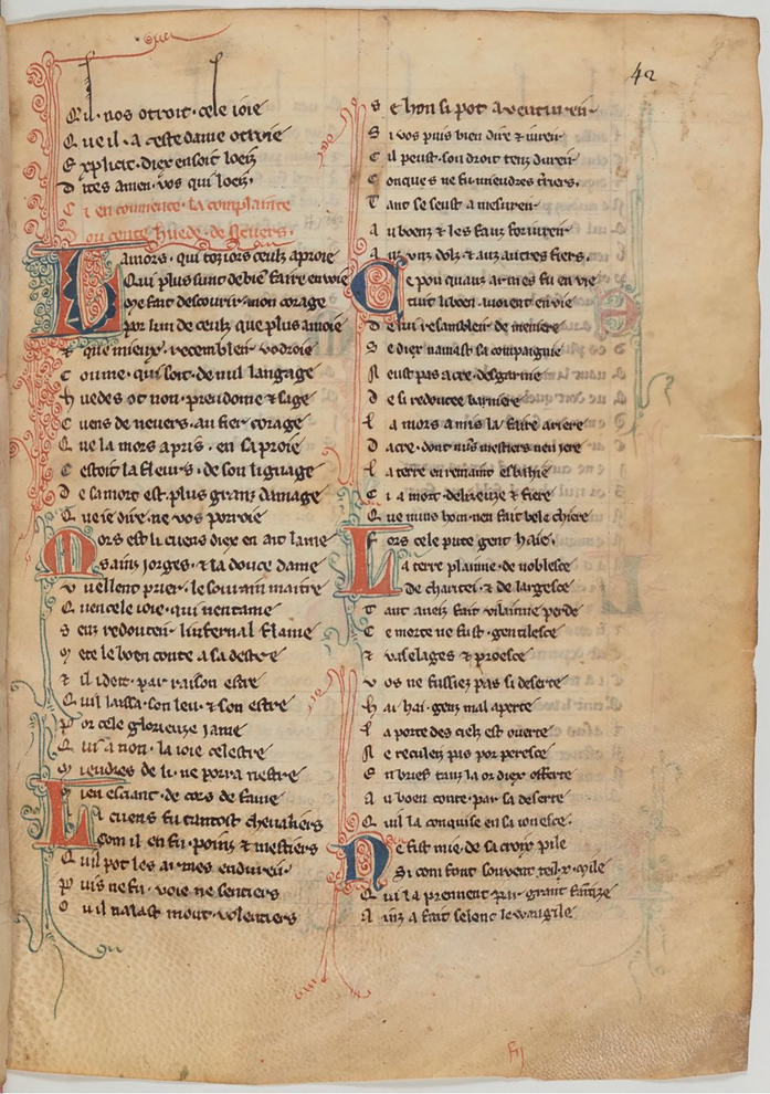 Figure 31. A manuscript page with two columns of poetry, featuring six decorated initials that introduce each consecutive stanza.
