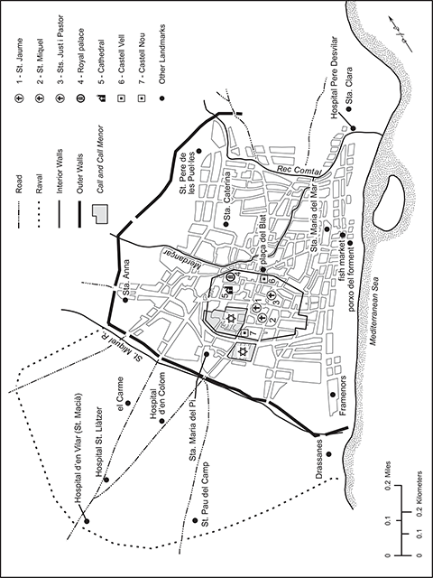 Map depicting major landmarks of the city of Barcelona in the early fourteenth century, including city walls, administrative structures, religious institutions, Jewish quarter, and the grain market.