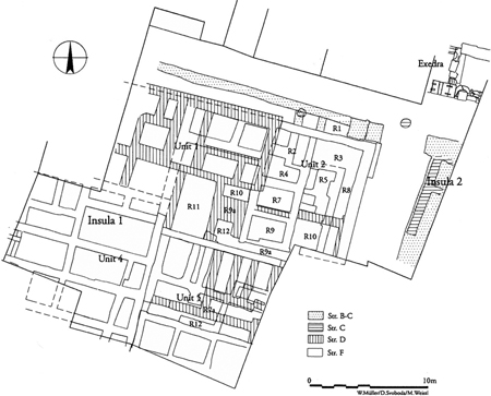 Figure 12.9. A foundation plan of Insula 1 in Area 15 at Aswan (Syene), with Insulas 1 and 2, Units 1–5, and rooms 1–12 labeled.