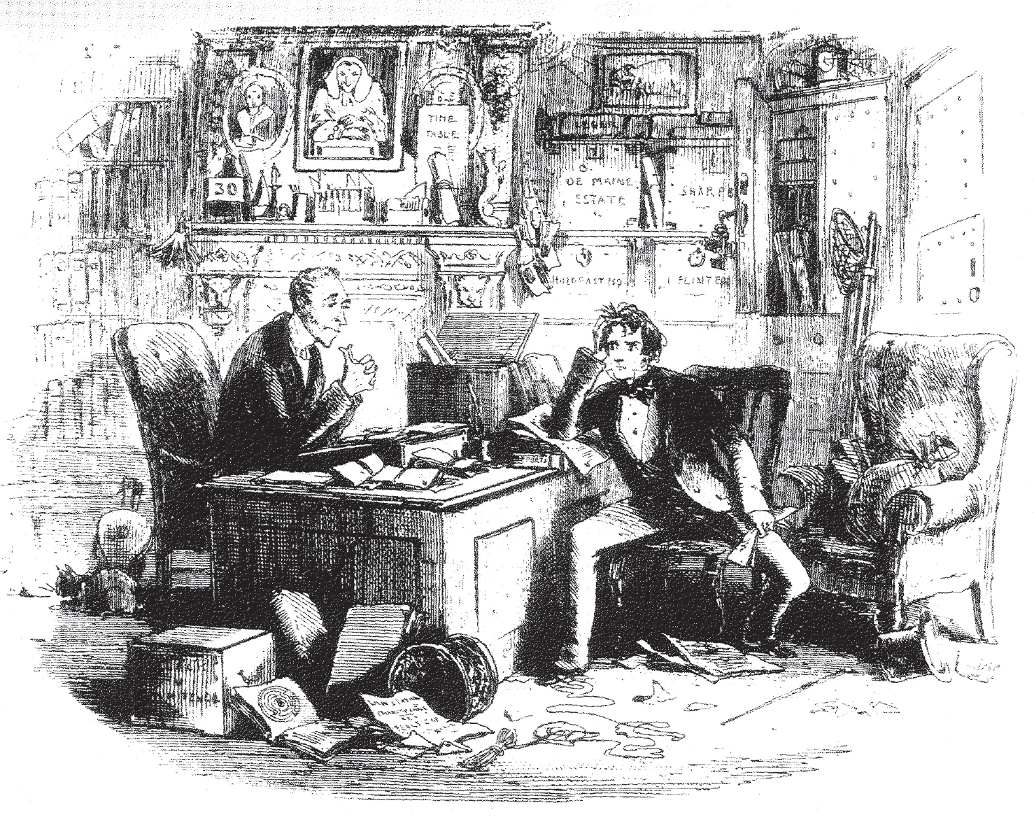 Figure 12: Richard sits at a desk in Vholes’s office with his hand to his forehead wearing a worried expression. Vholes, who sits opposite Richard at his office desk, has his elbows on the table and his hands tented together under his face. His shoulders appear extremely narrow and barely visible.