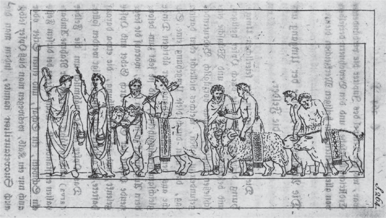 Figure 2.1. A book page depicting the ancient Roman Suovetaurilia procession of men and sacrificial animals.