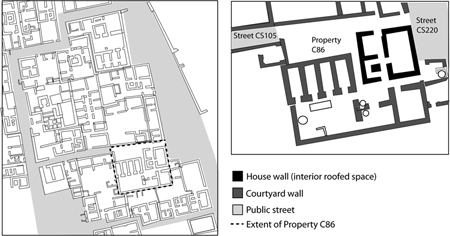 Figure 2.8. Two panels showing the northern property limit of Property C86 represents fairly “public” access connecting two major streets—CS105 and CS220. A dotted line on the left panel indicates the zoomed in area on the right panel, which is the more “private” southern courtyard area.