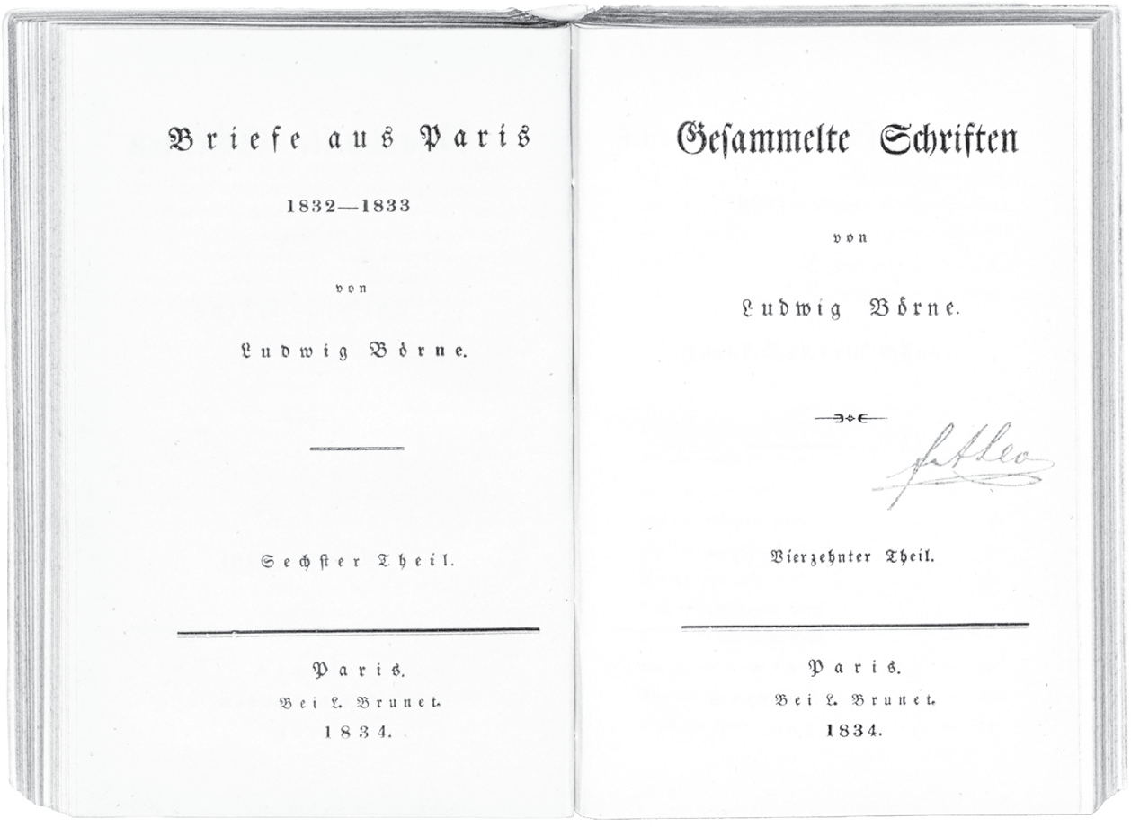 Figure 6.2. Facing dual title pages with title of contents (Briefe aus Paris, part 6) and their status as vol. 14 of the works edition Gesammelte Schriften.