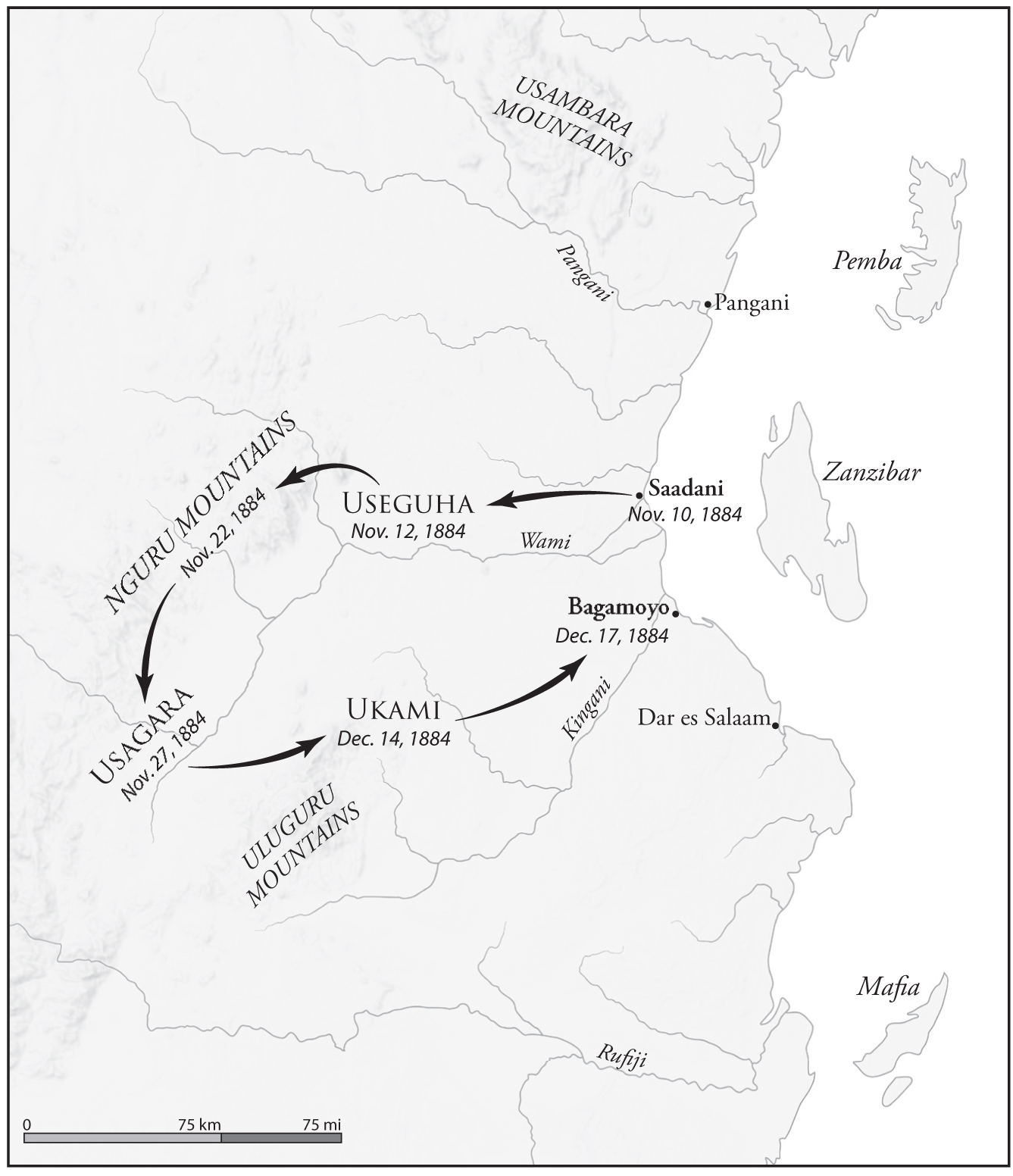 This image is a map illustrating the path taken in the German annexation of East Africa.