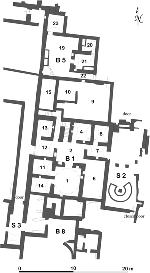 Figure 1.5. A plan of Serenos’s house (B1) with streets (S2 and S3) and annexed building to the north.