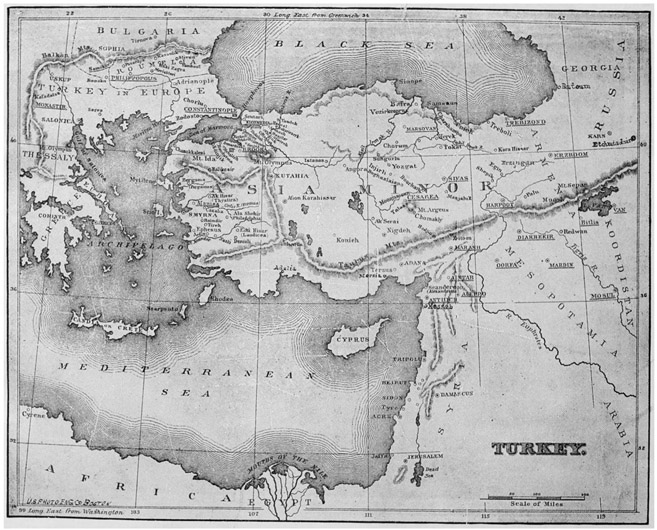 Figure 11.1. This 1898 map of Turkey also shows the Black and Mediterranean seas, as well as the locations of mission stations in Asia Minor.