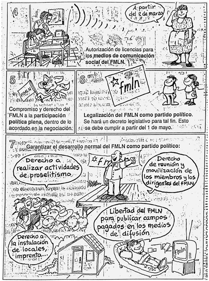 Figure 4.5 is a photograph of a newspaper depicting the terms of the peace settlement in the form of a graphic novel. The panel numbered 4 illustrates the legalization of FMLN radio and media platforms. Panel 5 depicts a cartoon dog with an FMLN flag illustrating the FMLN’s right to full political participation within the terms of the peace settlement. Panel 6 depicts an FMLN poster to highlight their legalization as a political party. Panel 7 depicts a variety of scenes illustrative of normal party politics (a politician on stage giving a speech, a man at home watching an FMLN TV ad, and a brick-and-mortar party office).