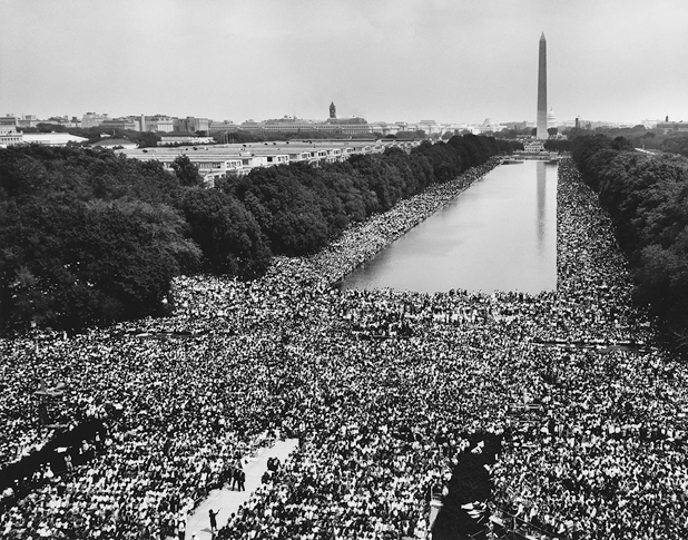 Figure 3. Seen from high up in the Lincoln Memorial, an enormous crowd of civil rights supporters, stretch down all around the Reflecting Pool and toward the Washington Monument.