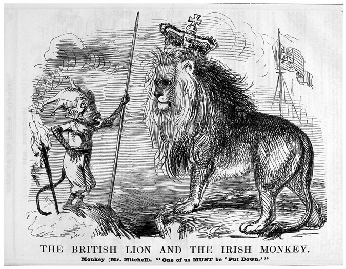 FIGURE 2.10 / “The British Lion and the Irish Monkey” by John Leech, Punch, vols. 14–15, April 8, 1848. Courtesy of NYU Special Collections.