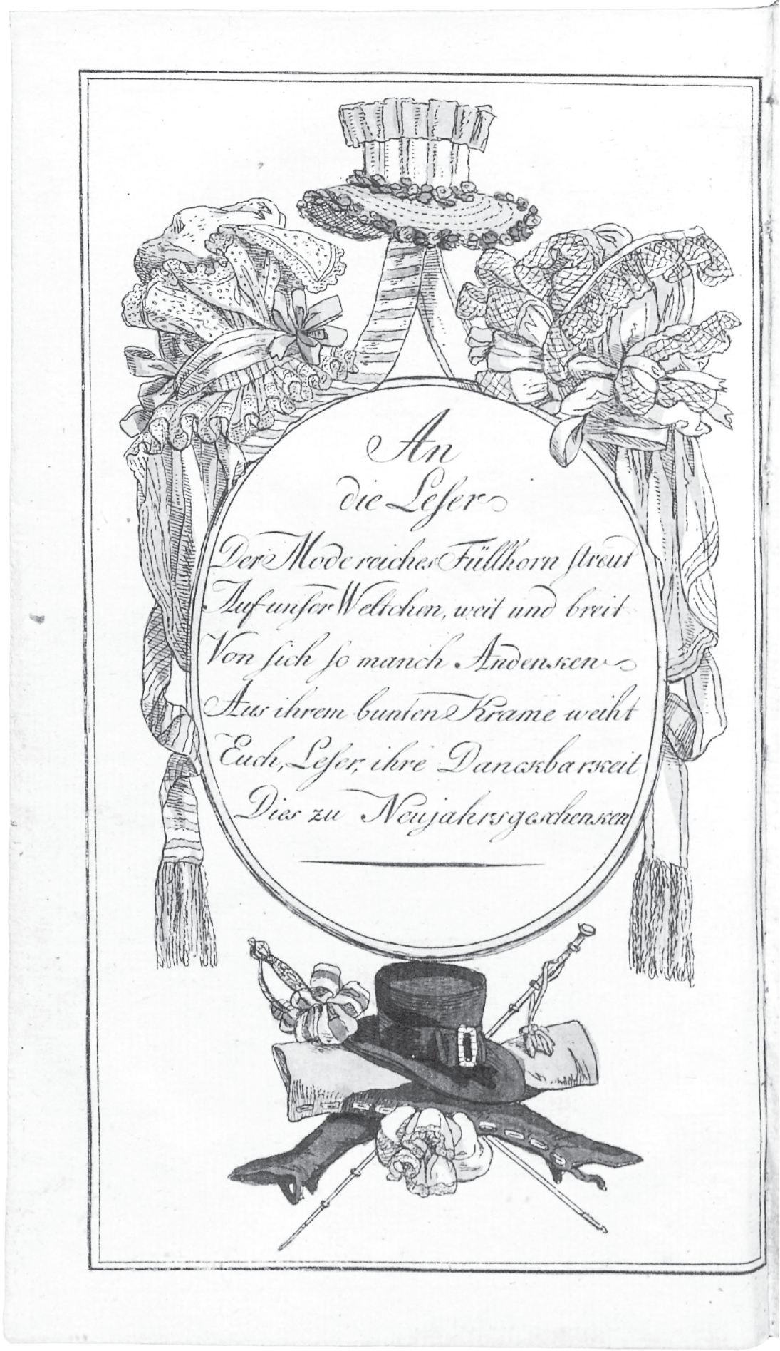 Figure 1.3. Men’s and women’s fashion items ornamentally arranged around a central oval of text marking the new year.
