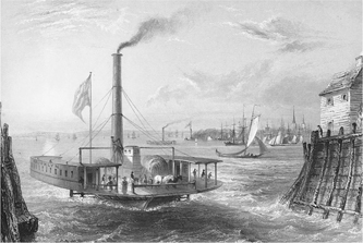 Figure 3.1. A steam ferry enters Brooklyn’s South Ferry slip. Several passengers and a team of horses stand on the deck. Lower Manhattan is visible in the background.