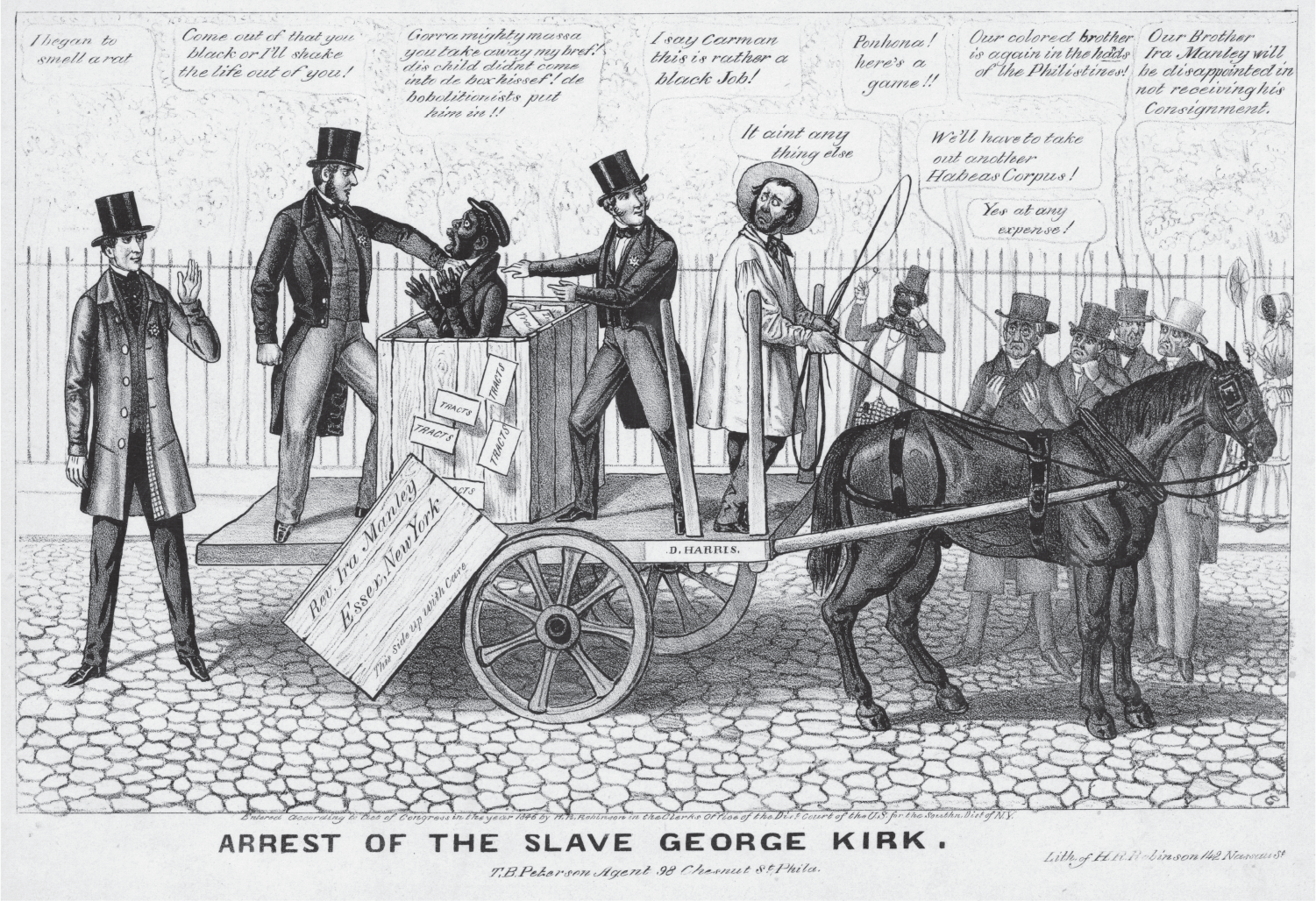 Men with badges extract a frightened African American man from a large wooden box on a horse-drawn cart. The driver looks worried. Four top-hatted white men formulate plans to intervene on the man’s behalf. An African American man and woman take notice.